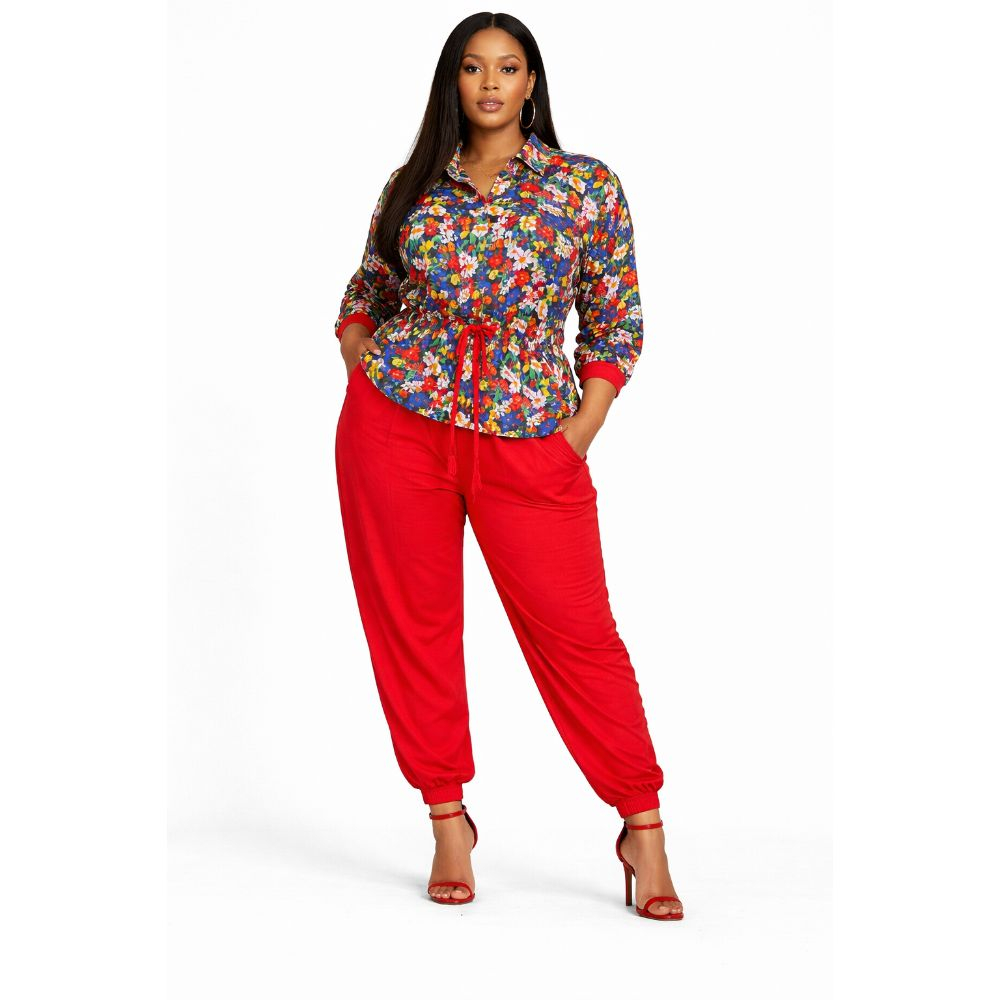 Floral Print Top and Red Trousers Two Piece Set